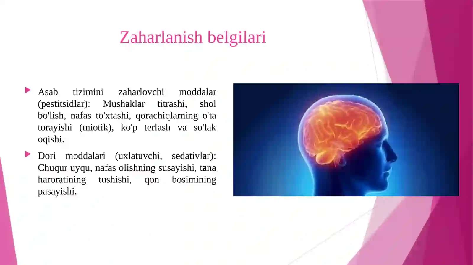 Asab tizimining zaharli ximikatlari va ayrim dori moddalari bilan zaharlanishda uchraydigan simtomlar shoshilinch yordam ko'rsatishda amaliyot hamshirasining roli 4