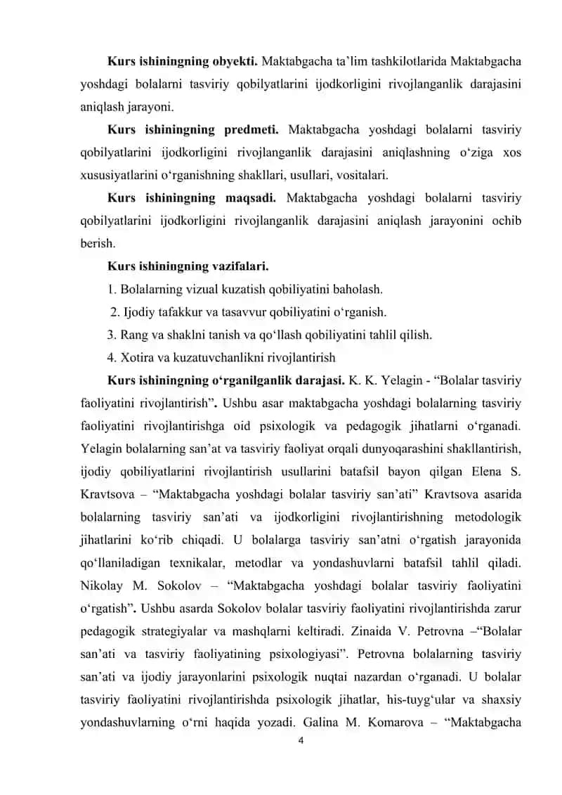 Maktabgacha yoshdagi bolalarning tasviriy qobiliyatlari va ijodkorligini aniqlash usullarini o‘rganish 4