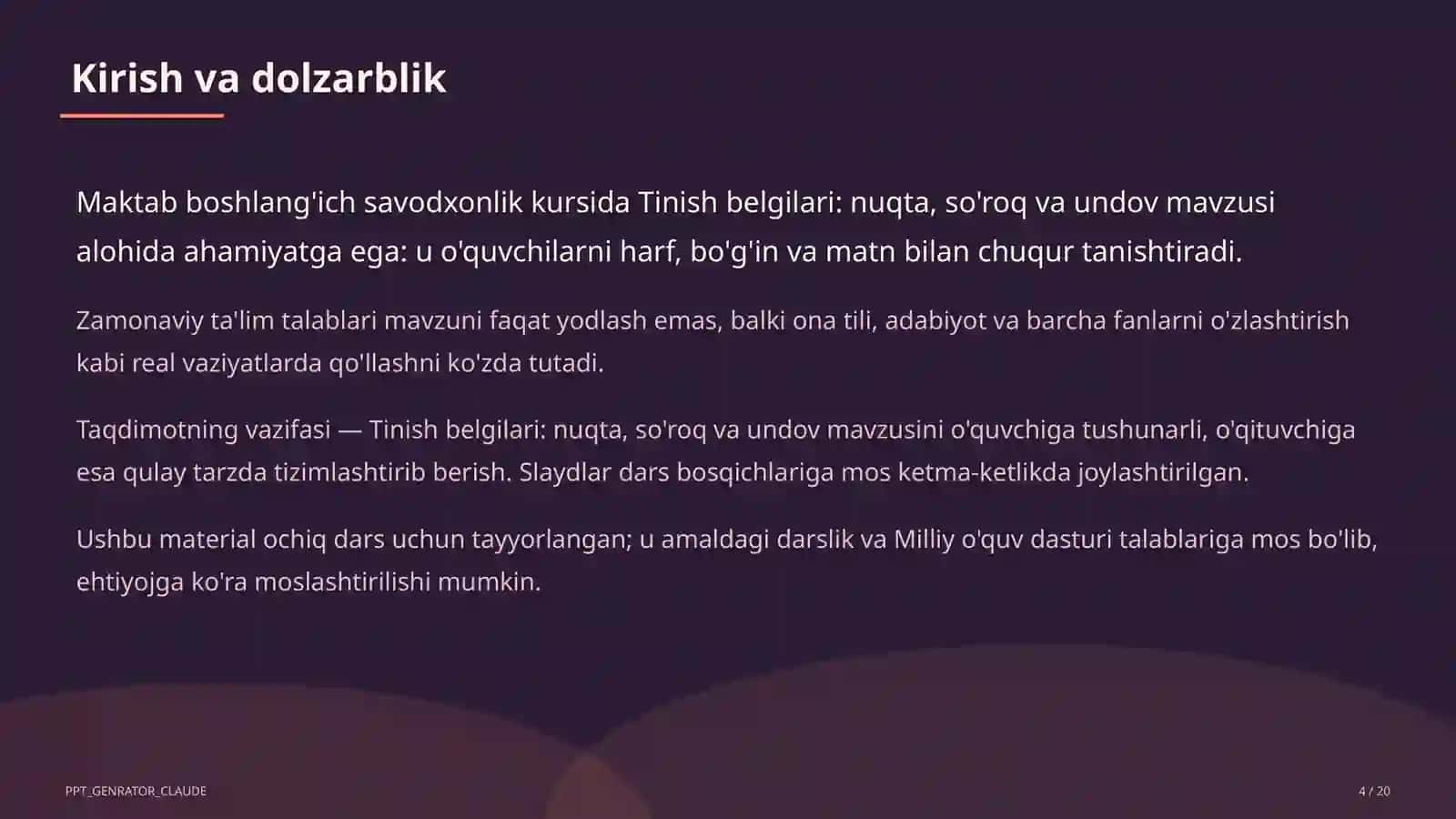 Boshlang'ich sinf: Ona tili va o'qish (1–4) — ochiq dars uchun 4
