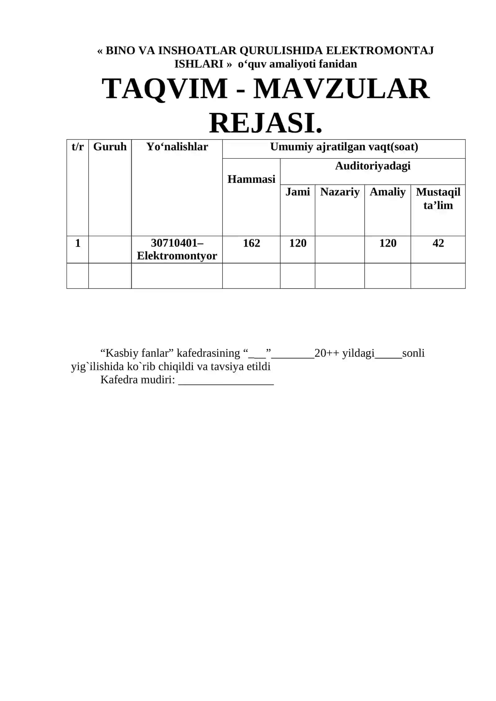 «Bino va inshoatlar qurulishida elektromontaj ishlari» o‘quv amaliyotidan O‘ Q I T I SH M A T E R I A L L A R I. 4