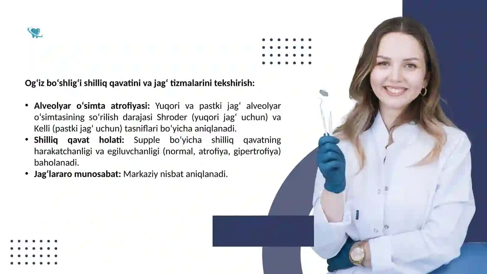 milliy klinik davolash protokollariga muvofiq umumiy amaliyot shifokori tomonidan tishlari butunlay yo‘q bo‘lgan bemorlarni tekshirish usullari. Protezlarni mahkamlash va yo‘q bo‘lgan bemorlarni tekshirish usullari. Protezlarni mahkamlash va barqarorlashtirish haqida tushuncha. Adeziya va kogeziya. To‘liq adentiyani davolashni rejalashtirish uchun sun’iy intellektdan foydalanish 4