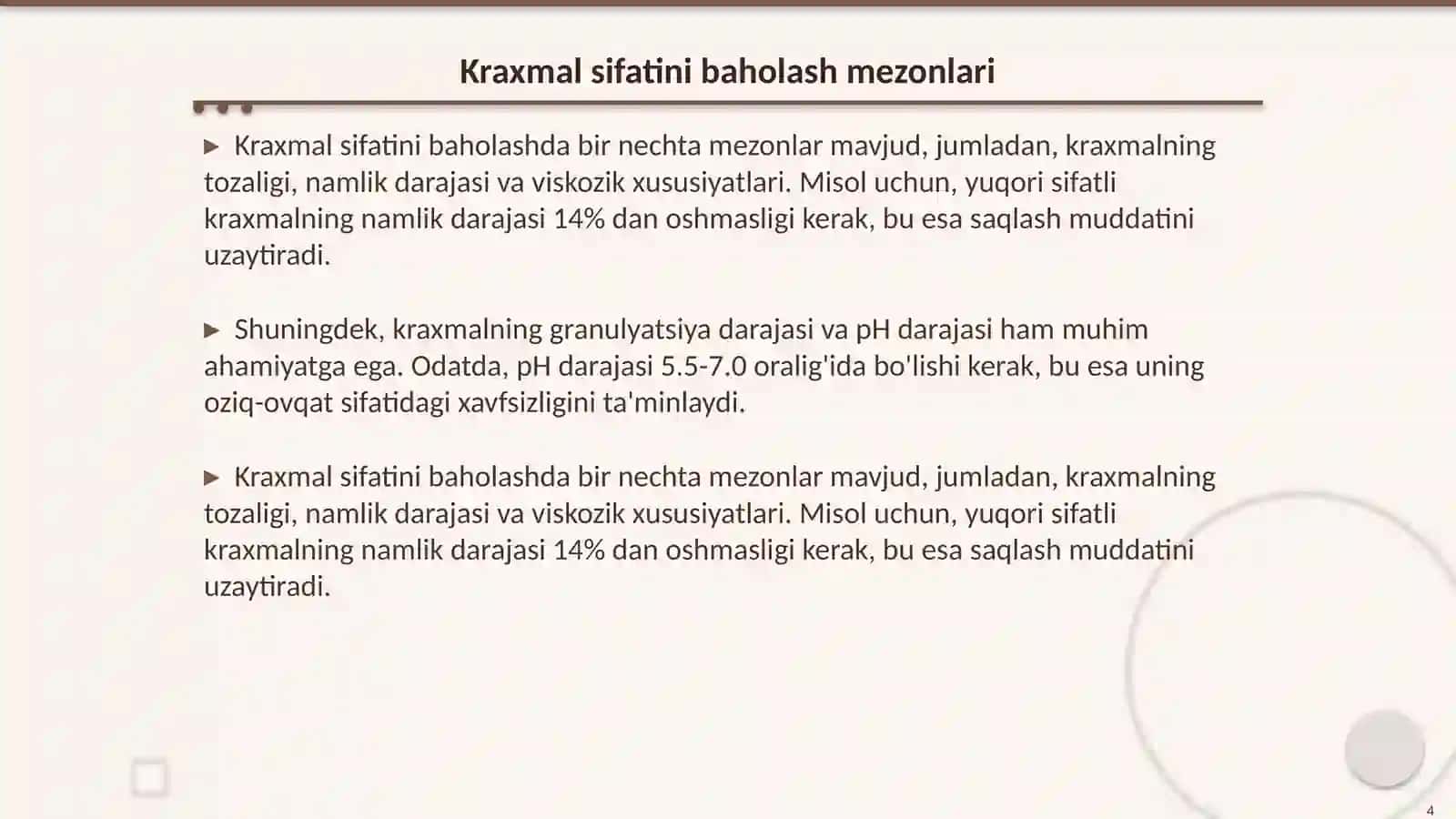 Kraxmal va kraxmal mahsulotlarining sifatda talablar 4