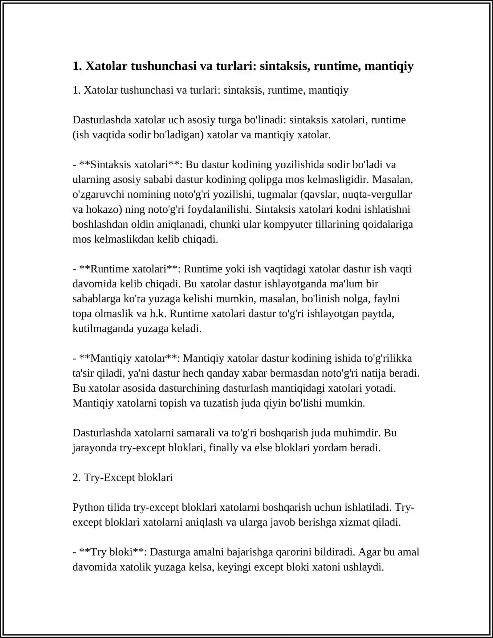 XATOLAR BILAN ISHLASH (EXCEPTION HANDLING) 4