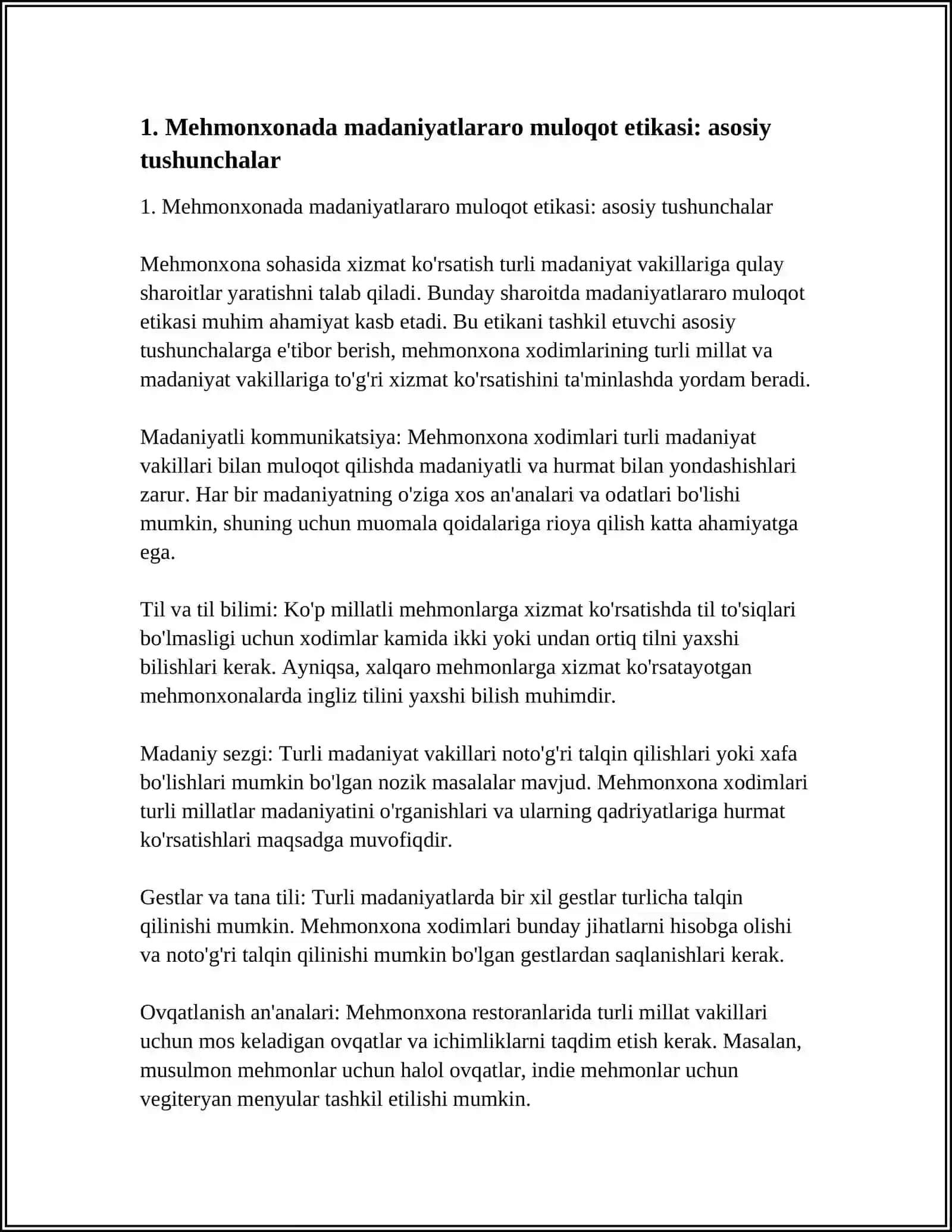 "TURLI MADANIYAT VAKILLARIGA XIZMAT KO'RSATISH: MEHMONXONADA CROSS-CULTURAL (MADANIYATLARARO) MULOQOT ETIKASI" 4