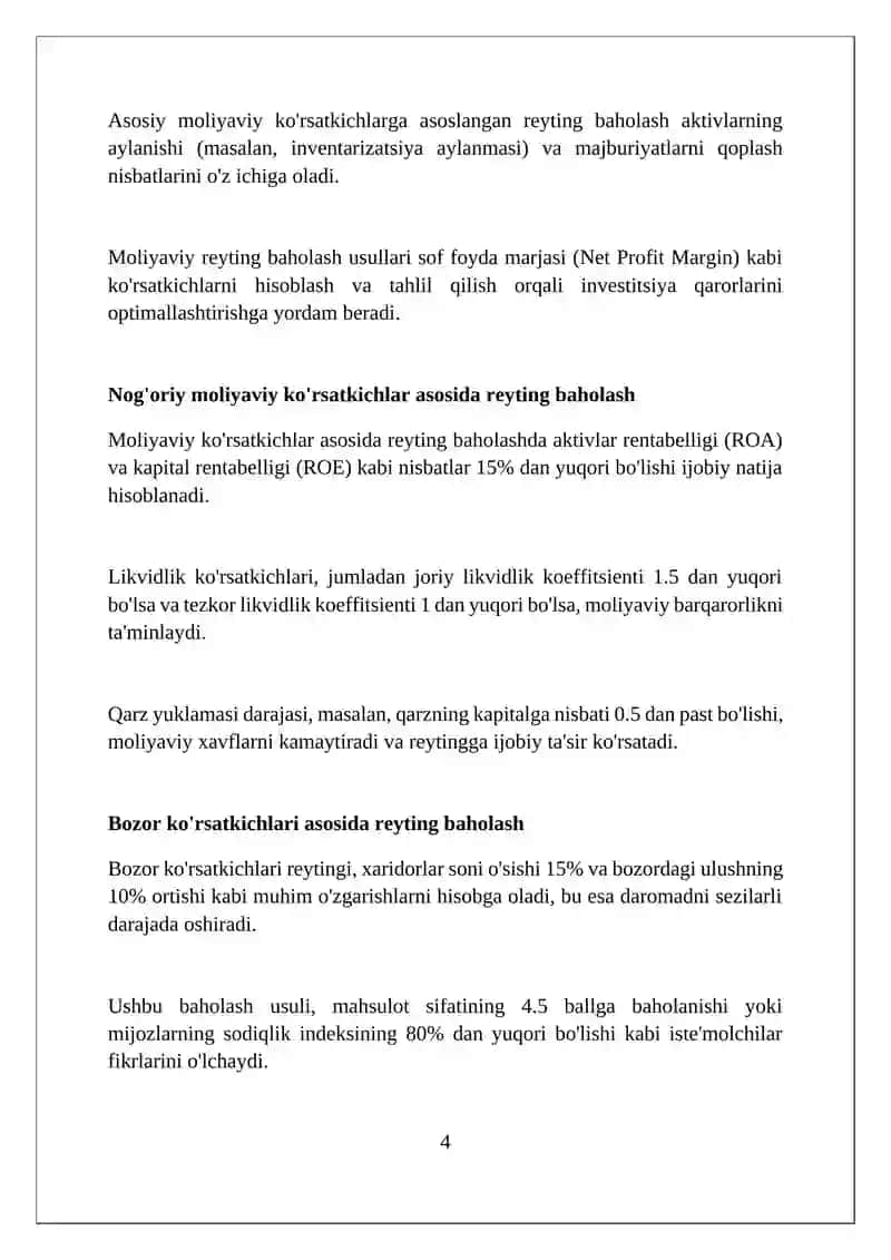 Korxona faoliyati reytingining turlari,mohiyati va baholash usullari 4