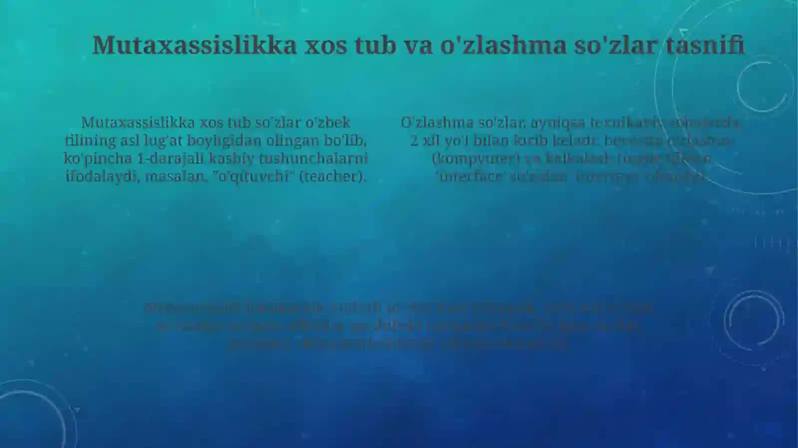 Oʻzbek tili leksikasining boyish manbalari. Mutaxassislikka xos o'z va o'zlashgan so'zlar tasnifi 4