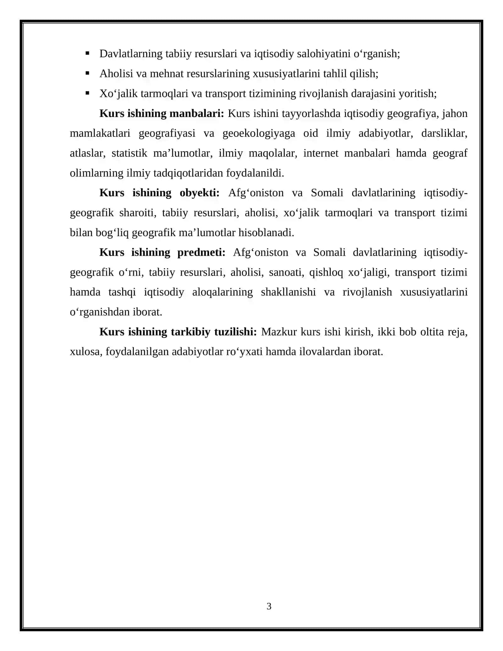 KURS ISHI: Afgʻoniston va Somali davlatlariga iqtisodiy geografik tavsif 4