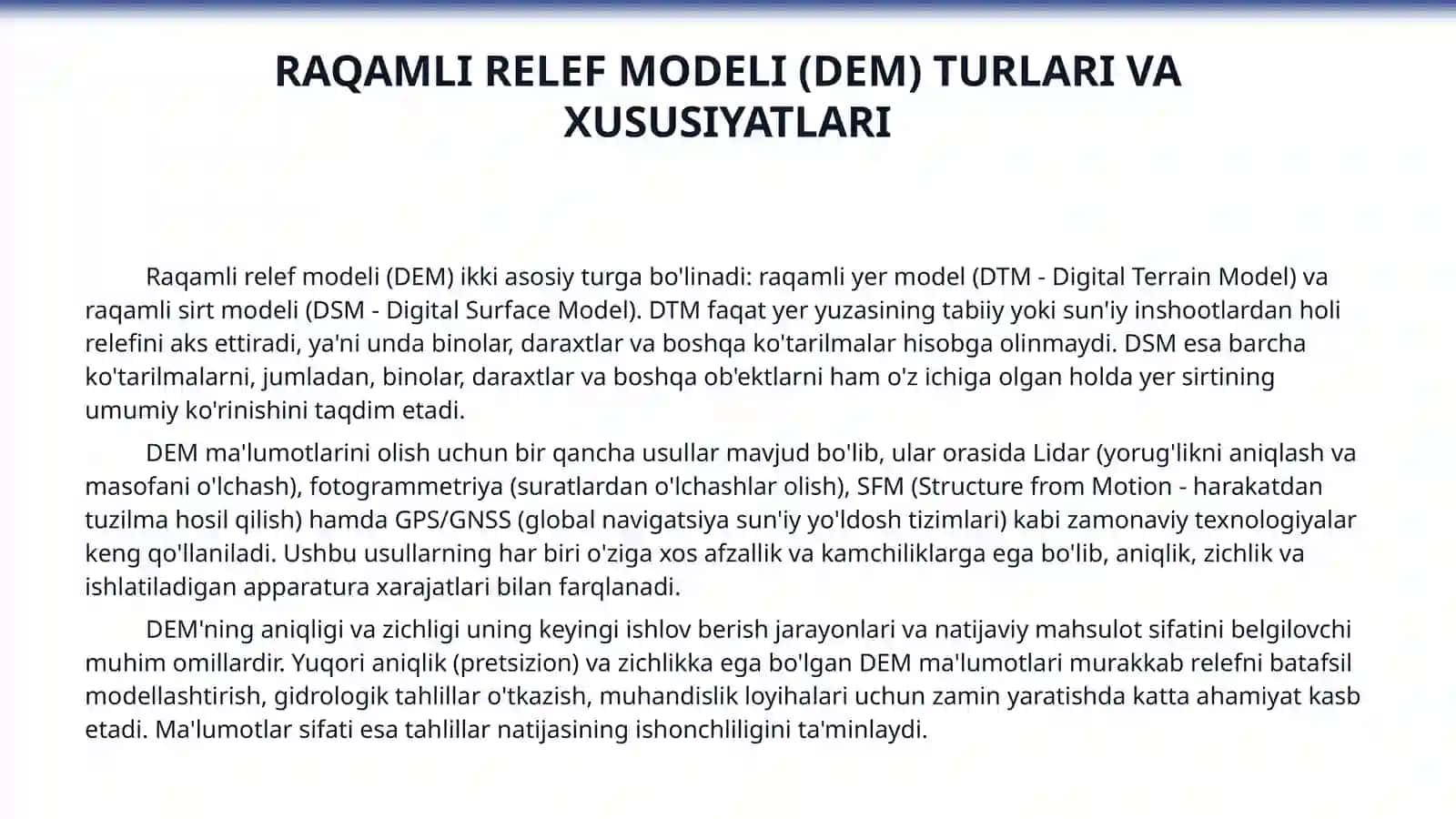 Raqamli relef modeli (3D) va gorizontallarni qurish: Nuqtalar asosida joyning 3D modelini yasash hamda gorizontallarni (relef chiziqlarini) oʻtkazish. 4
