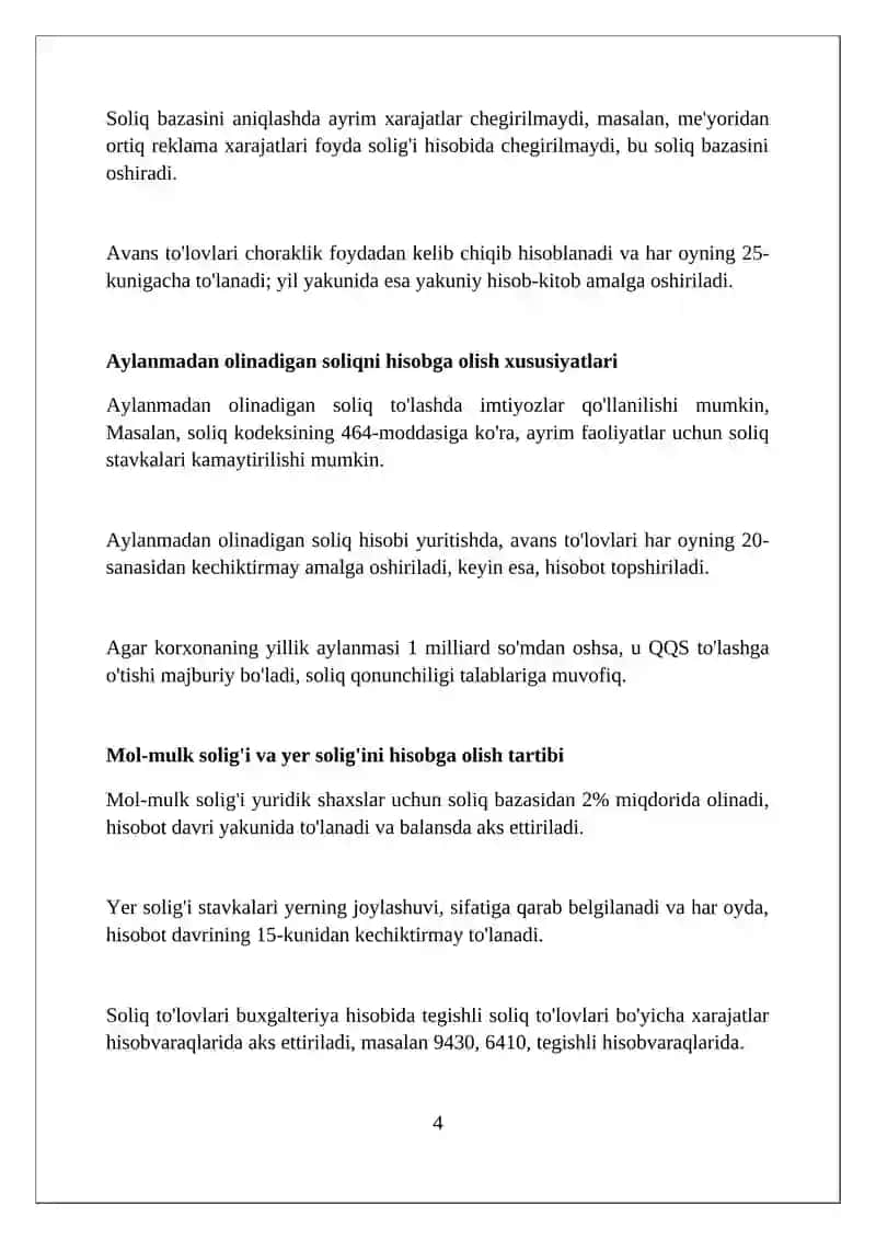 Soliq to'lovlari, majburiy ajratmalar va ushlanmalar hisobiing hususiyatlari 4