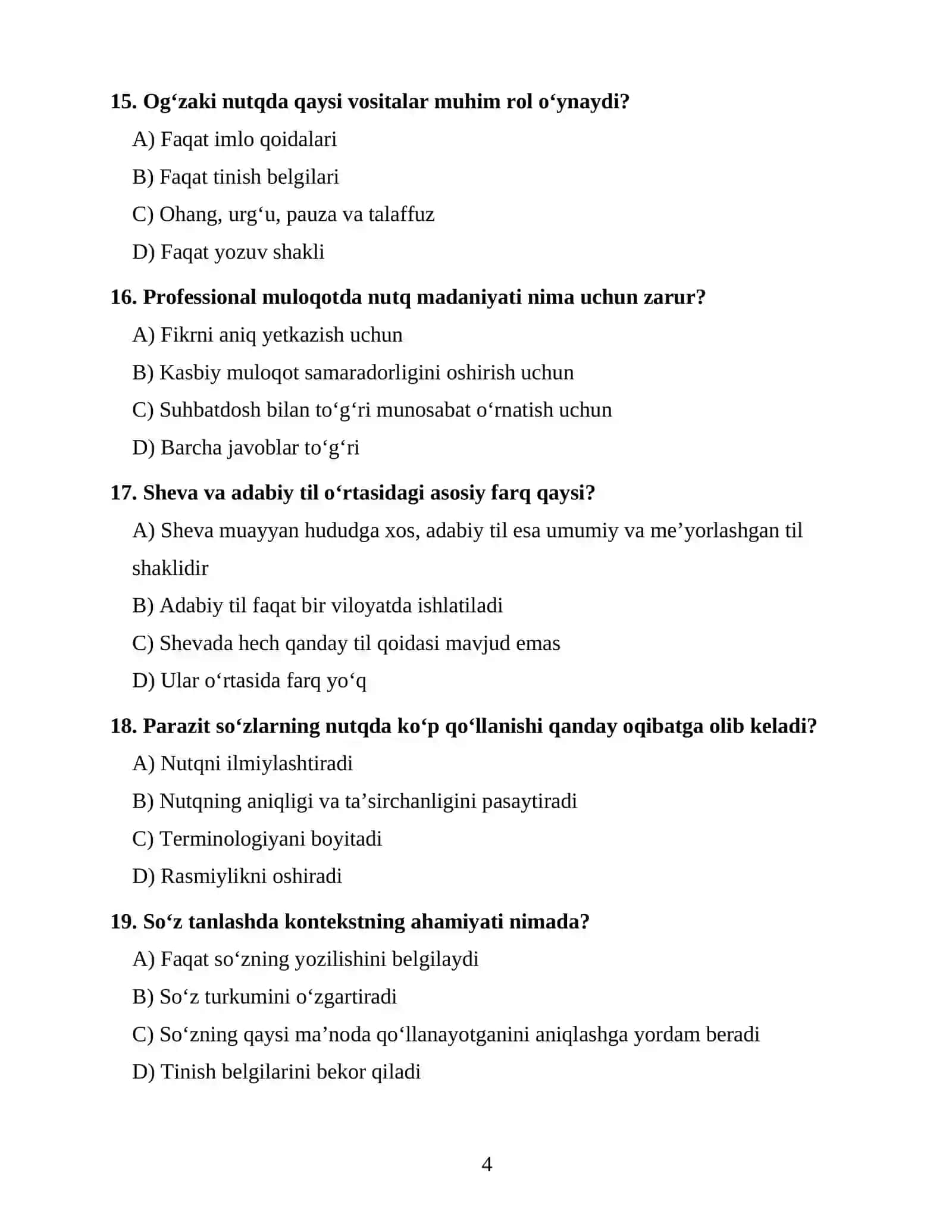 O‘ZBEK TILINING SOHADA QO‘LLANILISHI FANIDAN 100 TA TEST 4