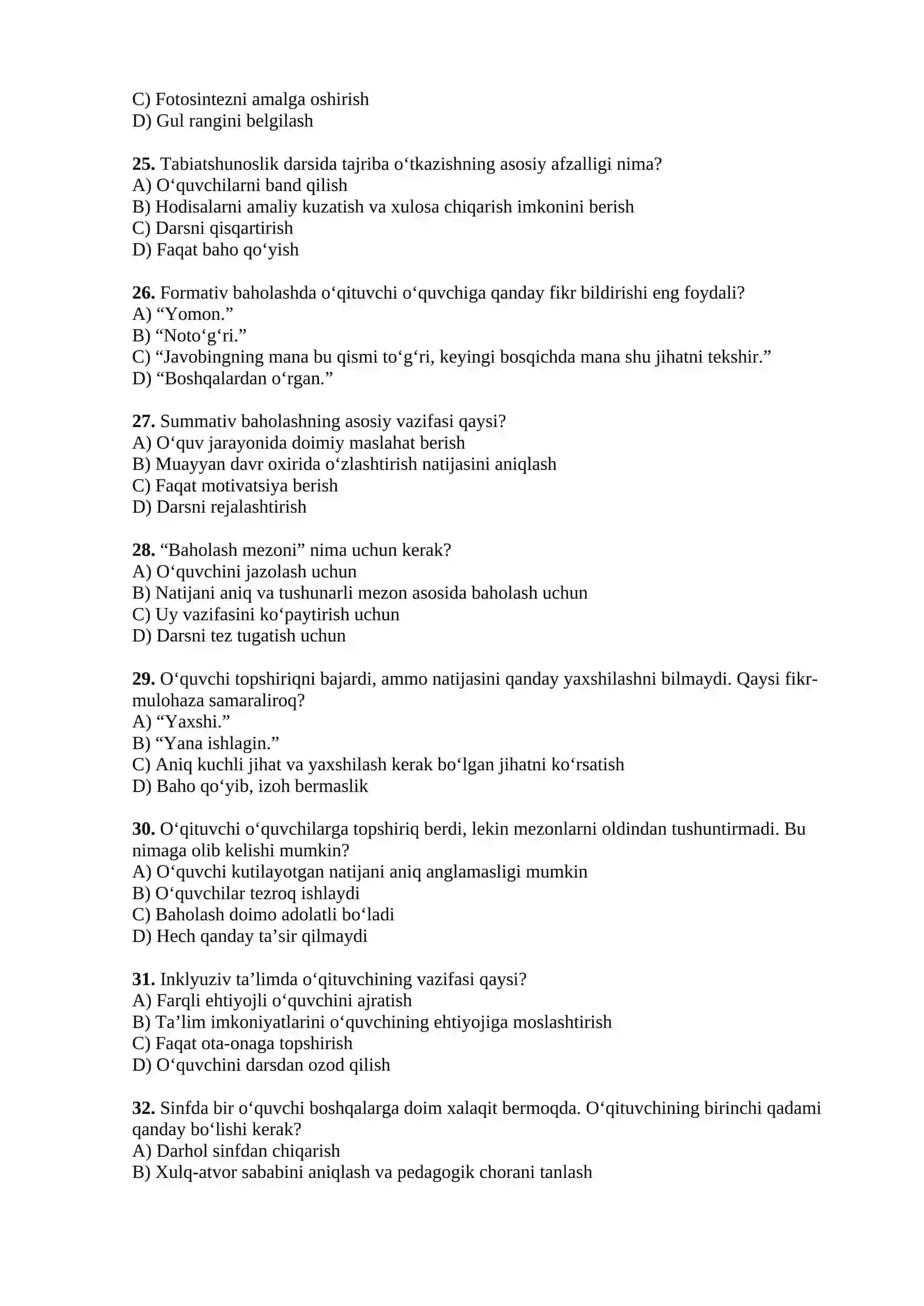 PEDAGOG XODIMLAR UCHUN KASBIY SERTIFIKAT TUSHADIGAN SAVOLLAR Boshlangich talim yonalishi uchun 4