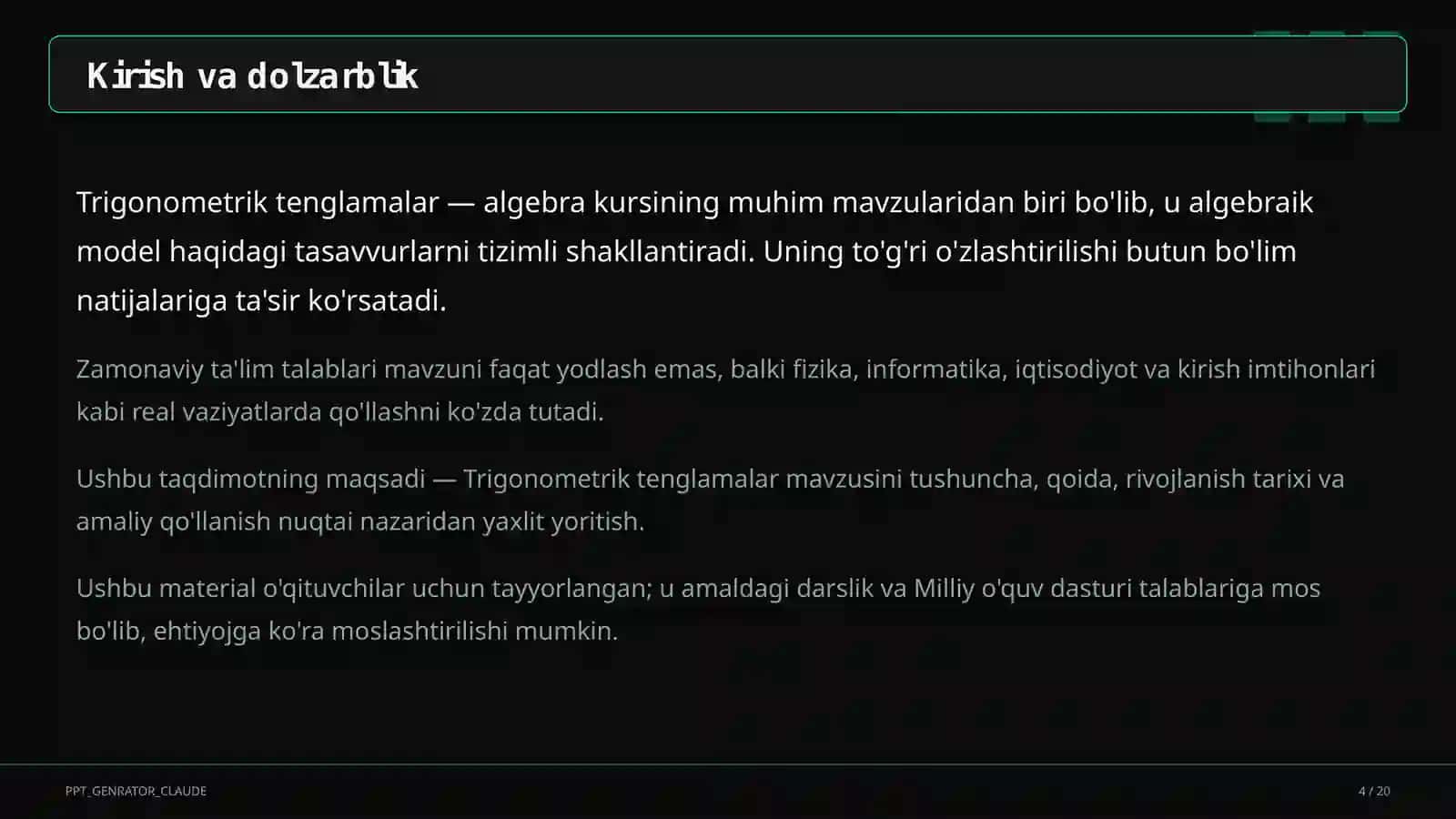 Trigonometrik tenglamalar (10-sinf) 4