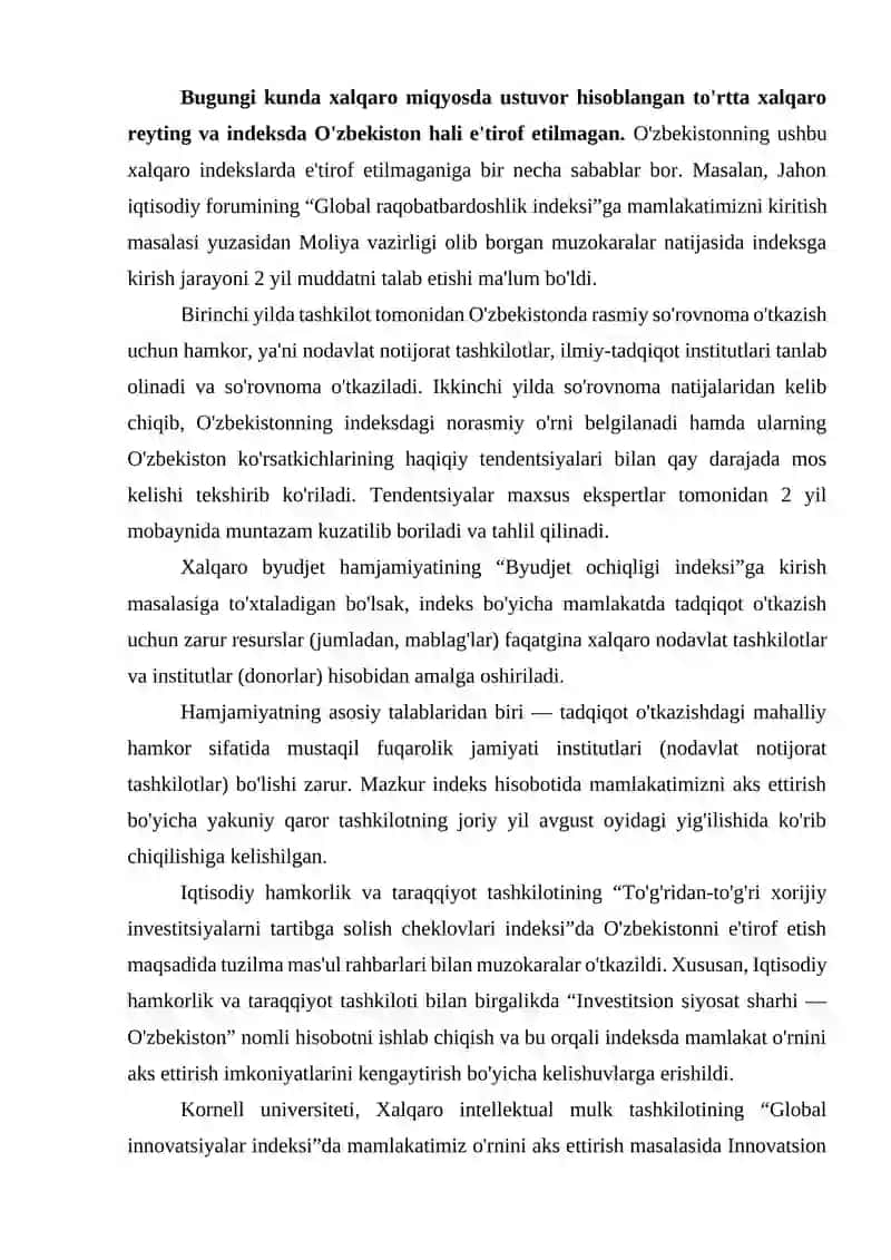 YANGI O‘ZBEKISTONNING IJTIMOIY-SIYOSIY IQTISODIY VA MADANIY HAYOTIDA RO‘Y BERAYOTGAN O’ZGARISHLARNING XALQARO REYTING VA INDEKSLARDA AKS ETISHI 4
