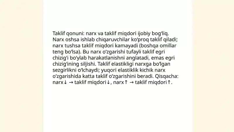Taklif va narx miqdorining bog'lanish qonuni 4