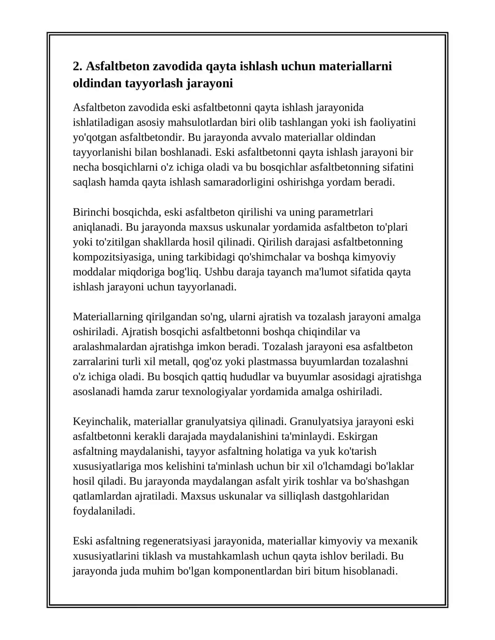 ESKI ASFALTBETONNI ASFALTBETON ZAVODIDA QAYTA ISHLASH (REGENERATSIYA) 4