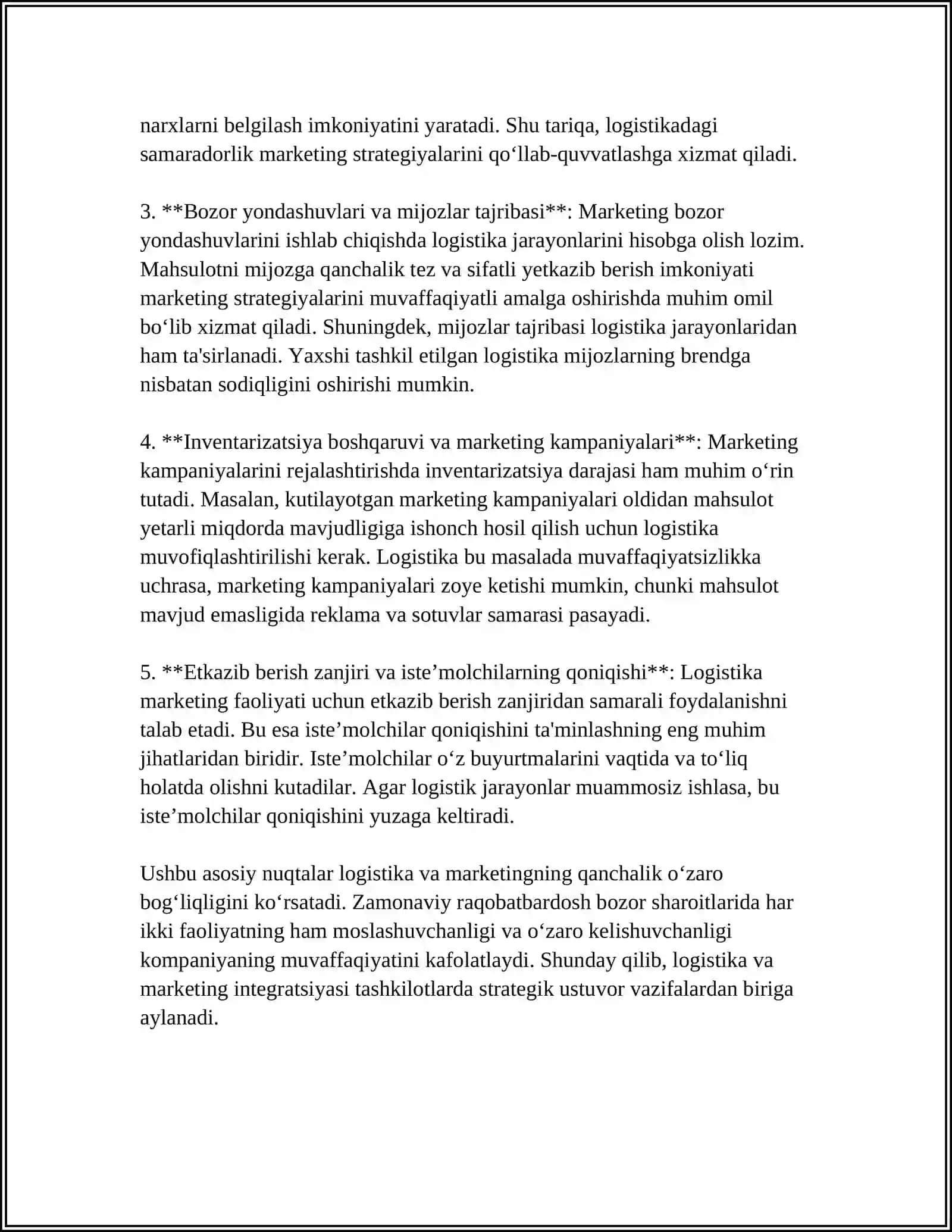 LOGISTIK TIZIMNING MARKETING BILAN BOG'LIQLIGI, SAVDO FIRMALARINING LOGISTIK FAOLIYATINI TAHLIL QILISH 4