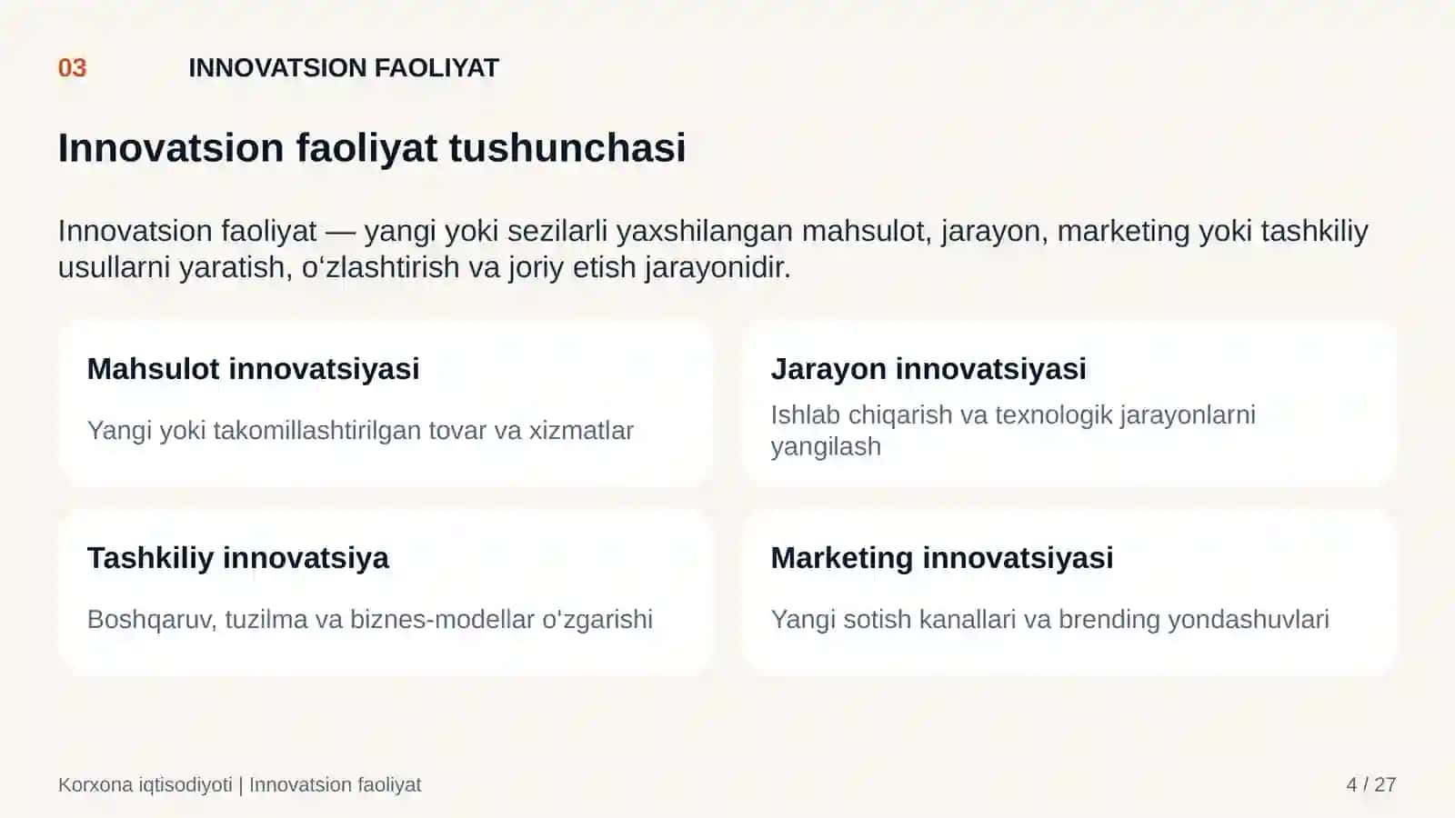 MUSTAQIL ISH Korxonaning innovatsion faoliyati va raqobatbardoshligini baholash bo‘yicha ma’lumotnoma 4
