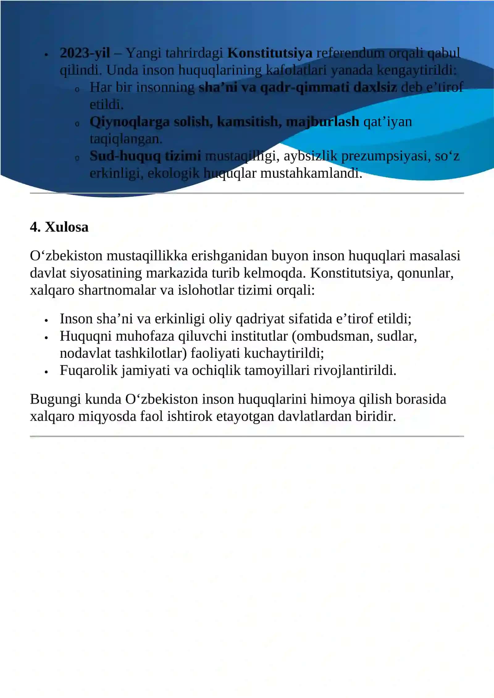 O‘zbekistonda inson huquqlari va erkinliklari kafolatining yaratilishi 4