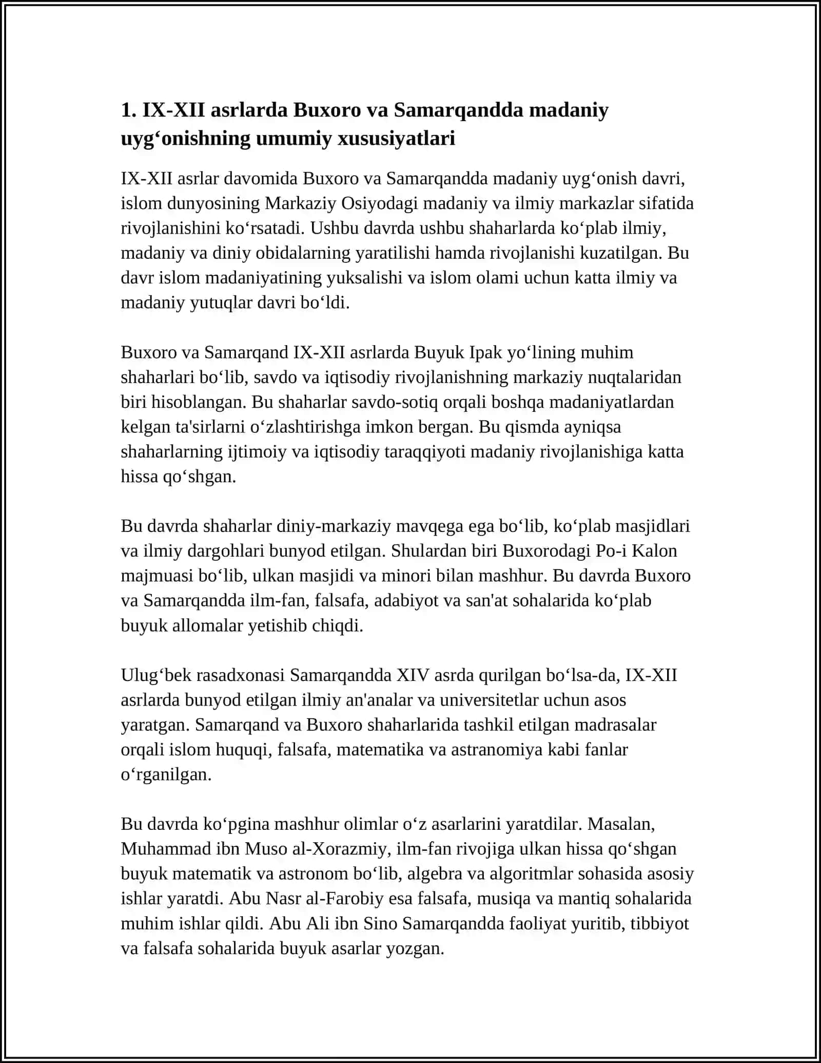 IX-XII ASRLARDA MAMLAKATIMIZ HUDUDIDA RÒY BERGAN MADANIY UYĜONISH. BUYUK ALLOMALARNING JAHON SIVILIZATSIYASIGA QÒSHGAN HISSASI 4