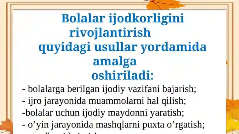 BOLALARNI SAHNALASHTIRISH VA IJODIY FAOLIYATGA O‘RGATISH 4