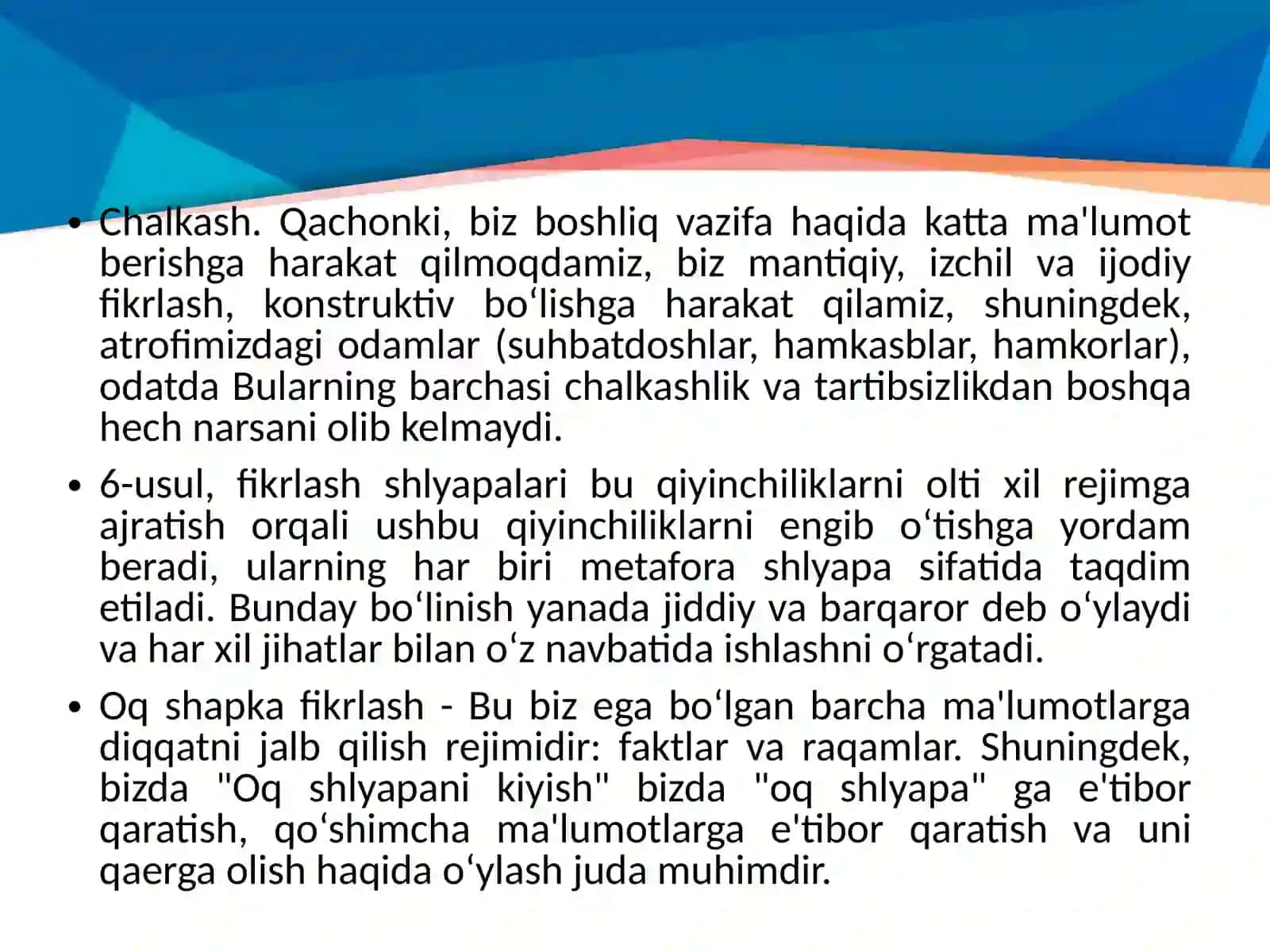 Olti shlyapa fikrlash usuli,uning xususiyatlari va amaliy ahmiyati 4