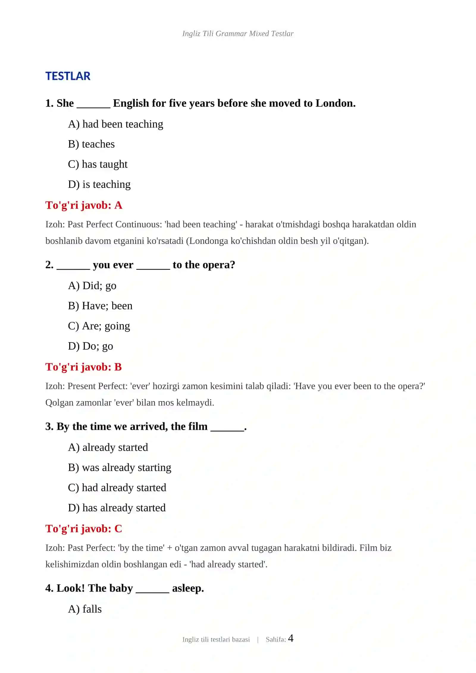 INGLIZ TILI GRAMMAR MIXED TESTLAR 4