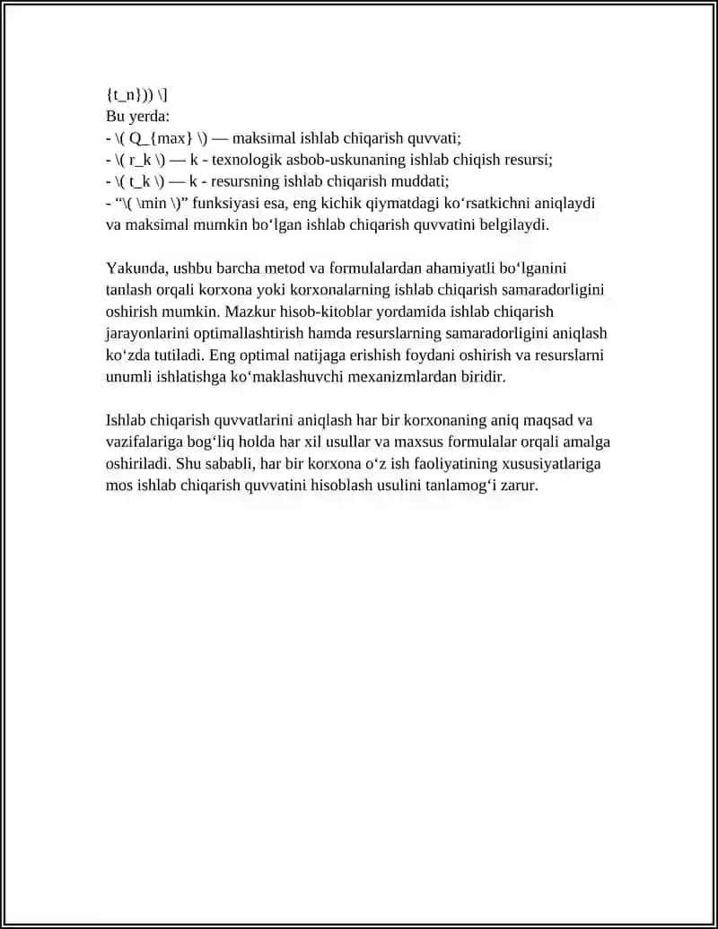Ishlab chiqarish quvvatlarini hisoblash va ulardan foydalanishni optimallashtirish 4