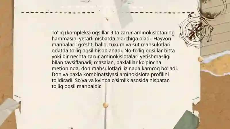 Oqsillarning turlari va oziq-ovqat mahsulotlarida miqdori 4