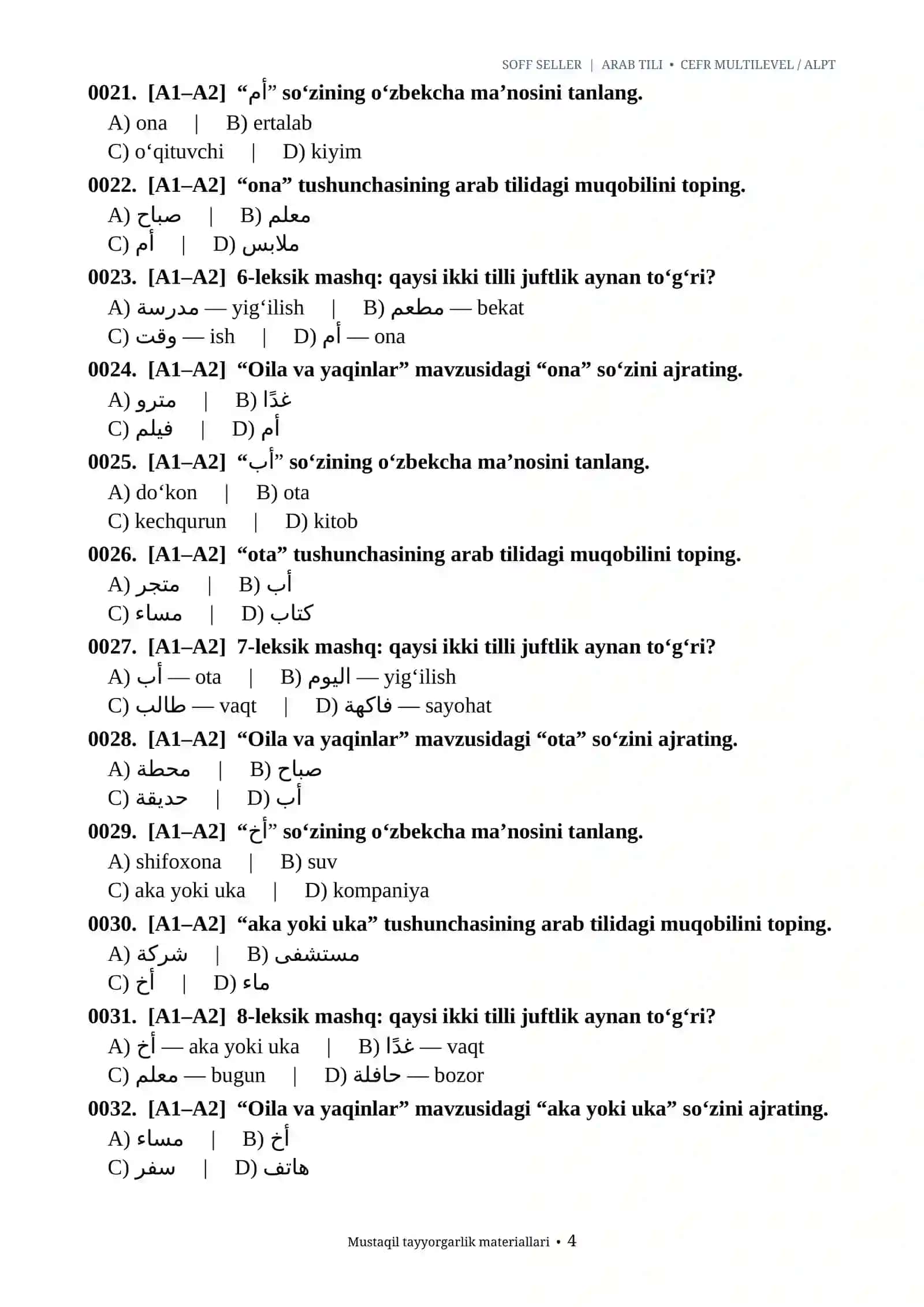 ARAB TILI — CEFR MULTILEVEL / ALPT,ARAB TILI IMTIHON 1000 TA TOPSHIRIQ 2026-2027.docx 4