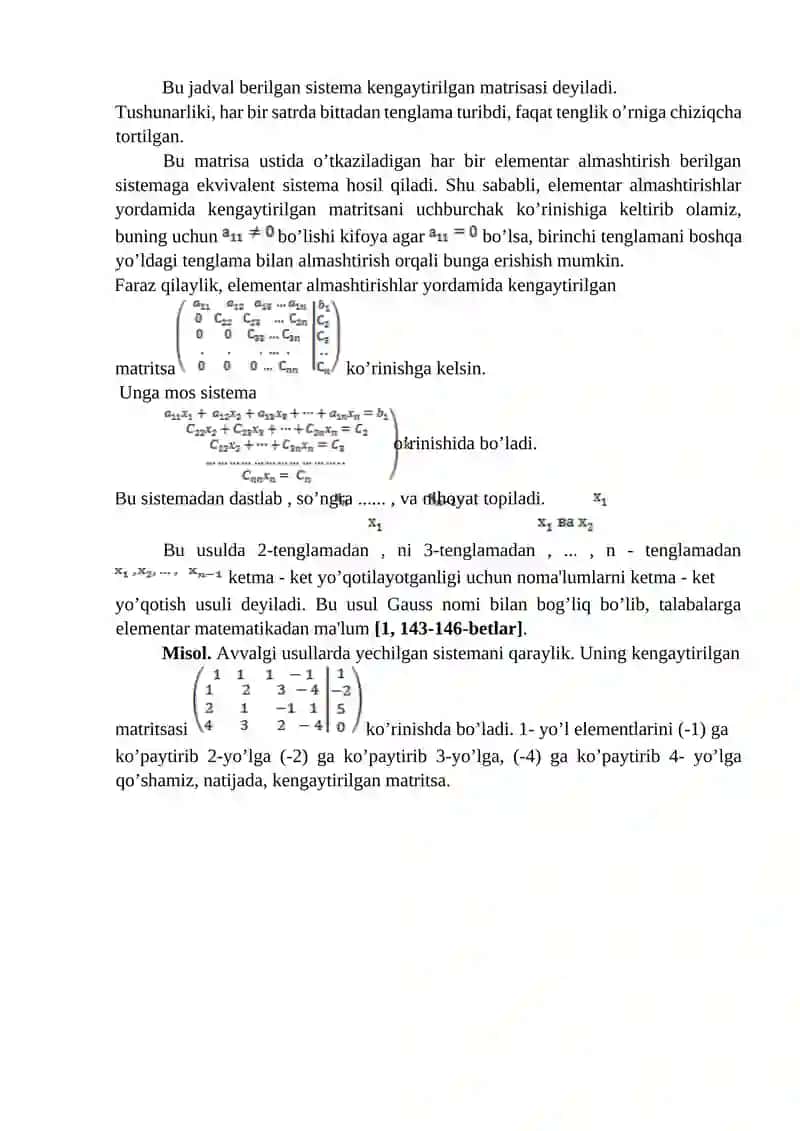 Noma’lumlarni ketma-ket yo’qotish (Gauss) usuli 4