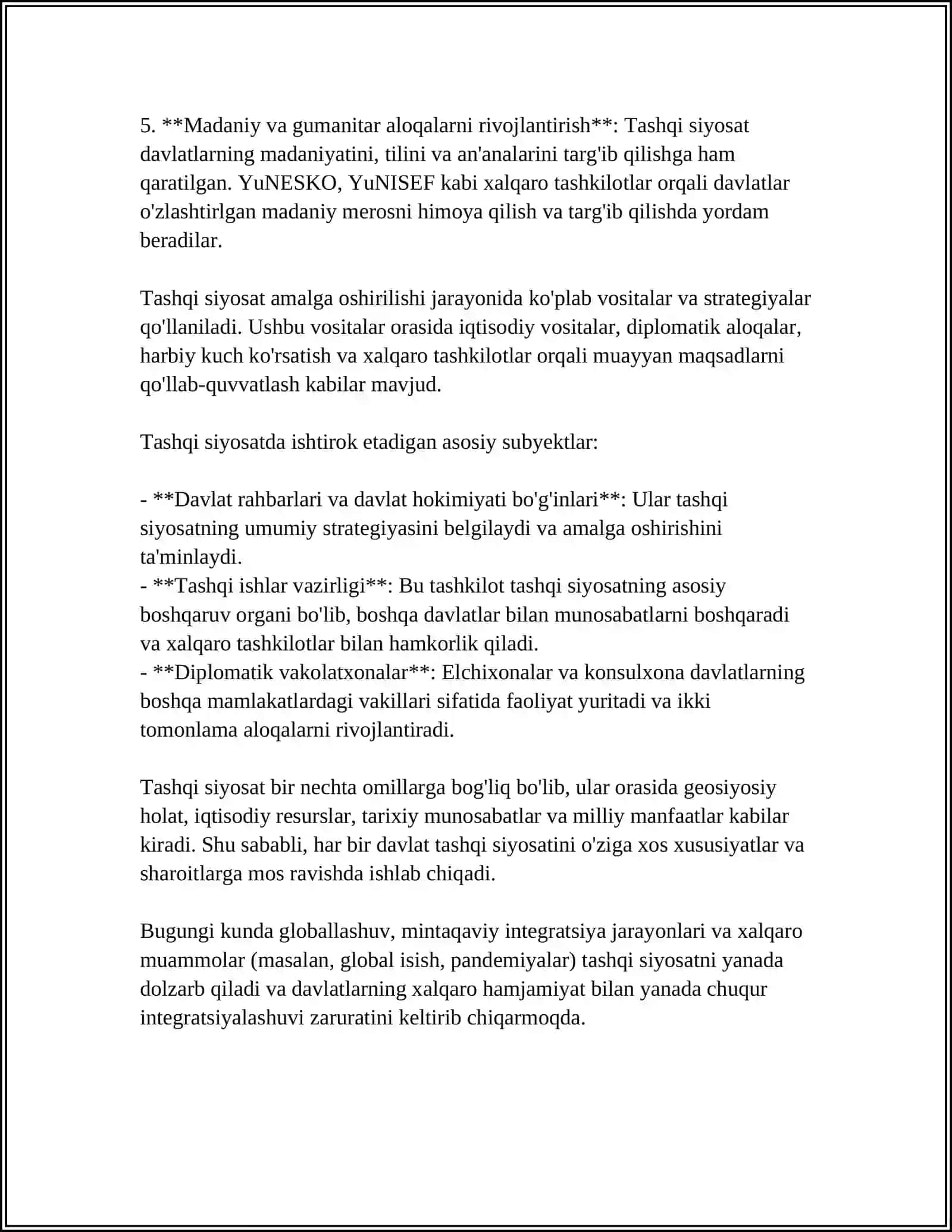 TASHQI SIYOSAT TUSHUNCHASI. O'ZBEKISTON XALQARO TASHKILOTLARNING TO'LA HUQUQLI SUBYEKTI 4