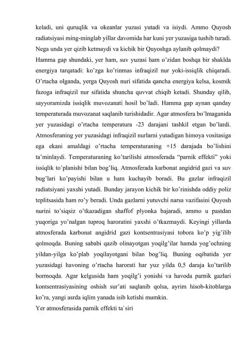 Atmosferadagi issiqlik muvozanati o‘zgarishining sayyora iqlimiga ta'siri, parnik effekti. 4