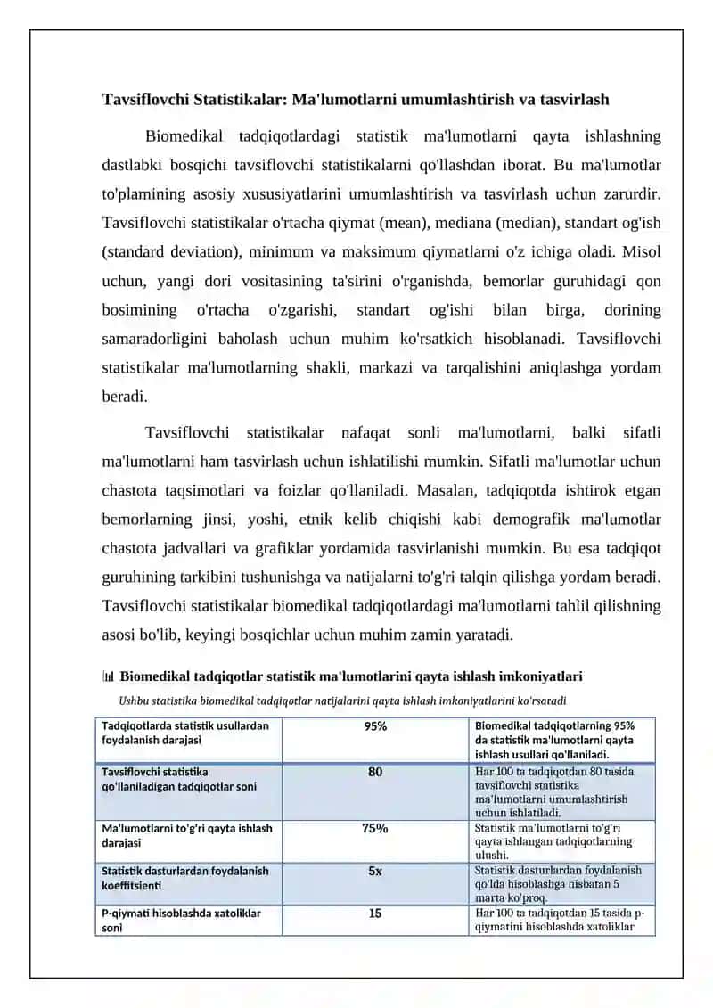 Tibbiy biologik tadqiqotning statistik maʼlumotlar natijalarini qayta ishlash imkoniyati 4