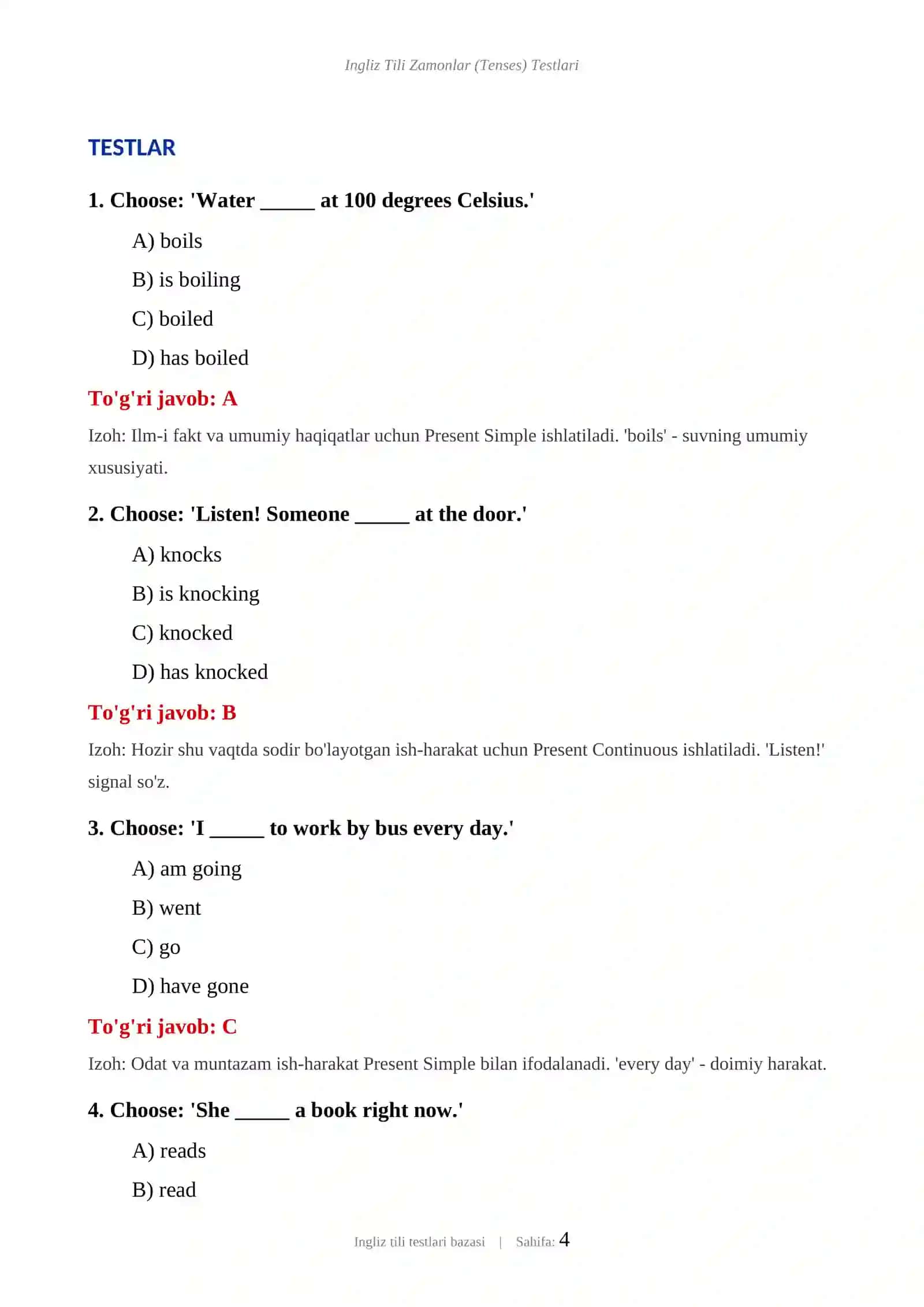 INGLIZ TILI ZAMONLAR (TENSES) TESTLARI 4