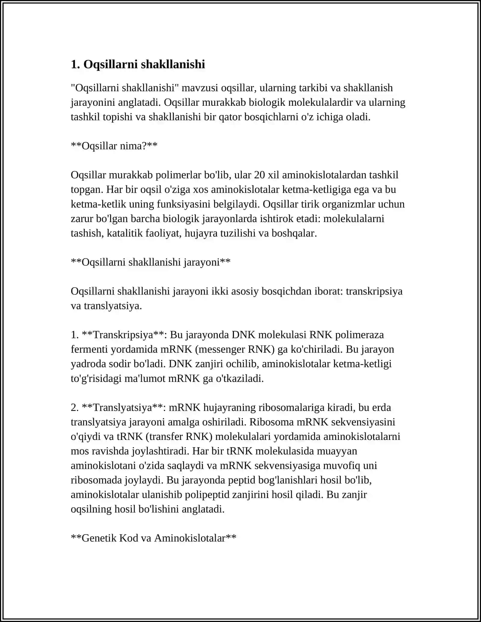 Oqsillar.Oqsillarning biologik ahmiyati va biosintezi 4