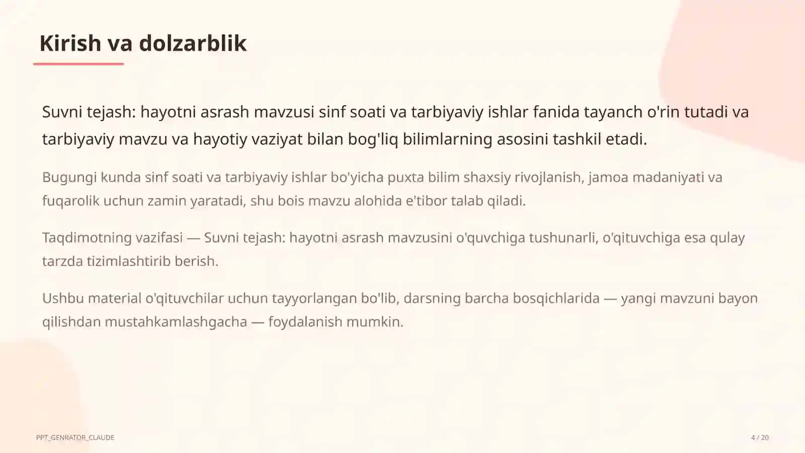 Sinf soati va tarbiyaviy tadbirlar (1– 11) — o'qituvchilar uchun 4