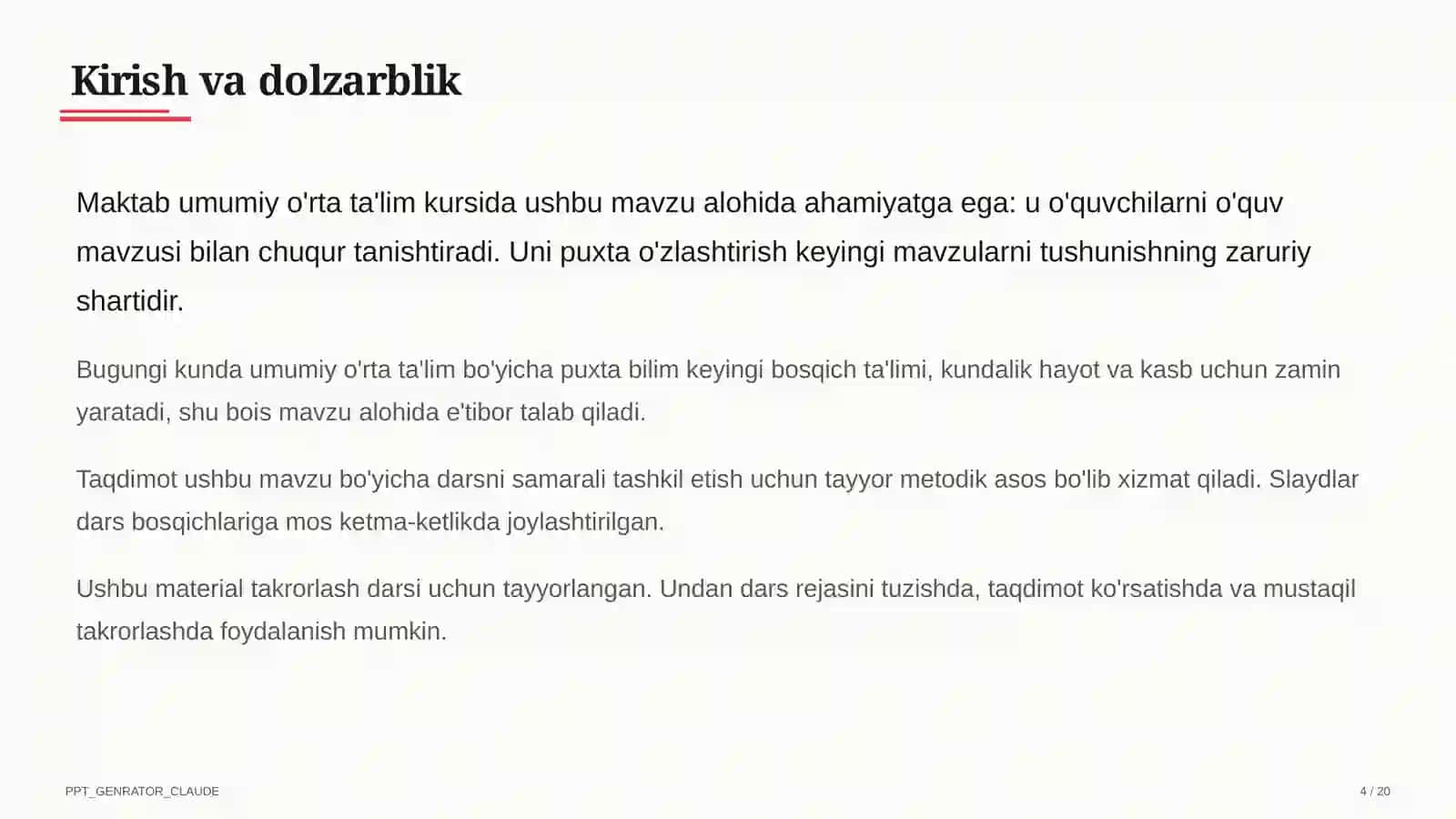 Dolzarb mavzular — maktab va o'qituvchilar (2026) — takrorlash darsi uchun 4