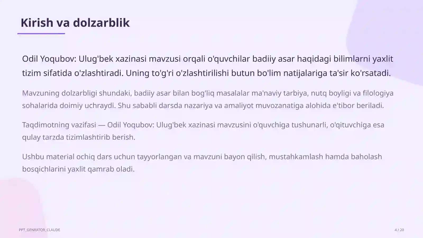 Odil Yoqubov: Ulug'bek xazinasi (8-sinf) 4