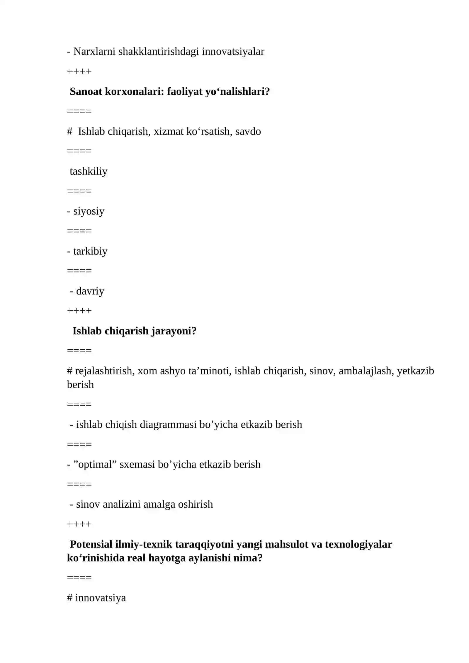 Sanoat iqtisodiyot fanidan test savollari 4