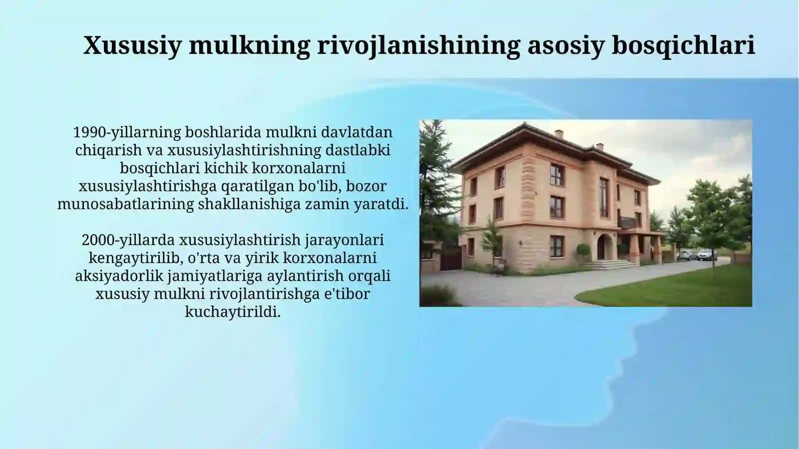 Iqtisodiy isloxotlar.O'zbekistonda xususiy mulk va bozormunosabatlarining rivojlanishi 4