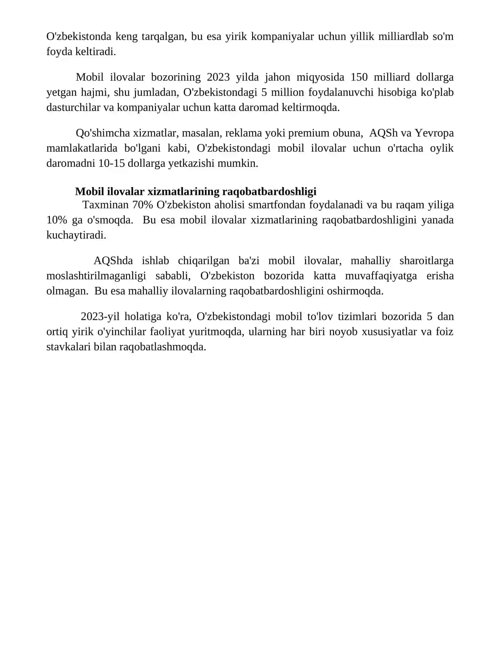 Mobil ilovalarga koʻrsatilgan xizmatlarni tahlil qilish 4