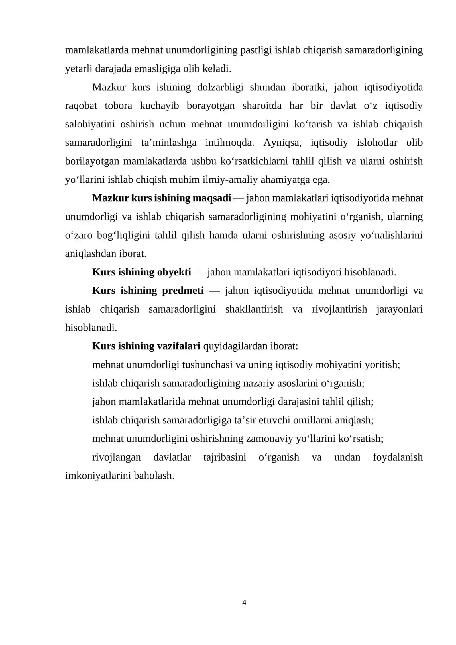 "JAHON MAMLAKATLAR IQTISODIYOTIDA MEHNAT UNUMDORLIGI VA ISHLAB CHIQARISH SAMARADORLIGI" 4
