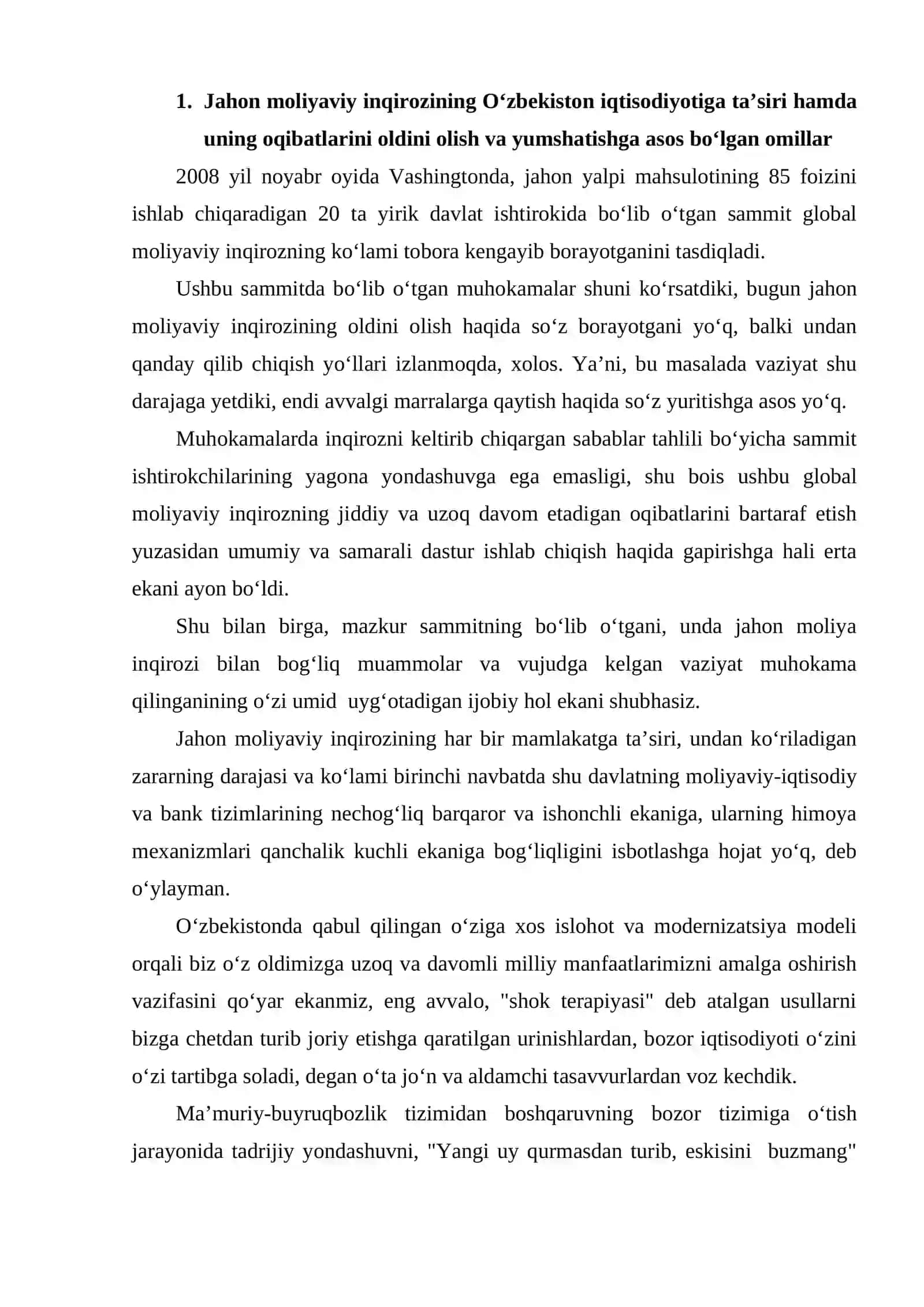 JAHON MOLIYAVIY-IQTISODIY INQIROZI, O‘ZBEKISTON SHAROITIDA UNI BARTARAF ETISHNING YO‘LLARI VA CHORALARI 4