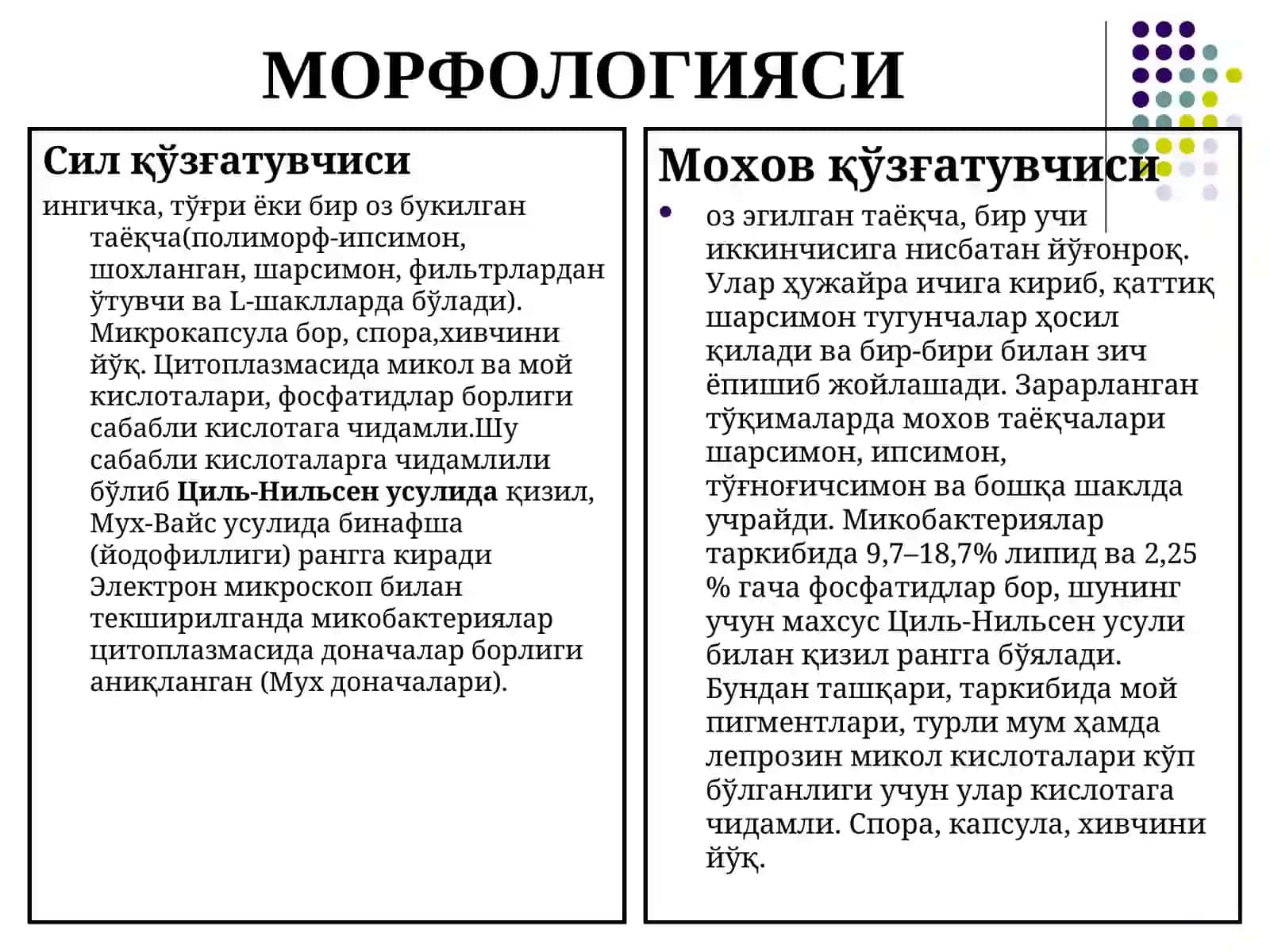 МИКОБАКТЕРИЯЛАР,СИЛ ВА МОХОВКАССАЛИКҚЎЗҒАТУВЧИЛАРИ 4