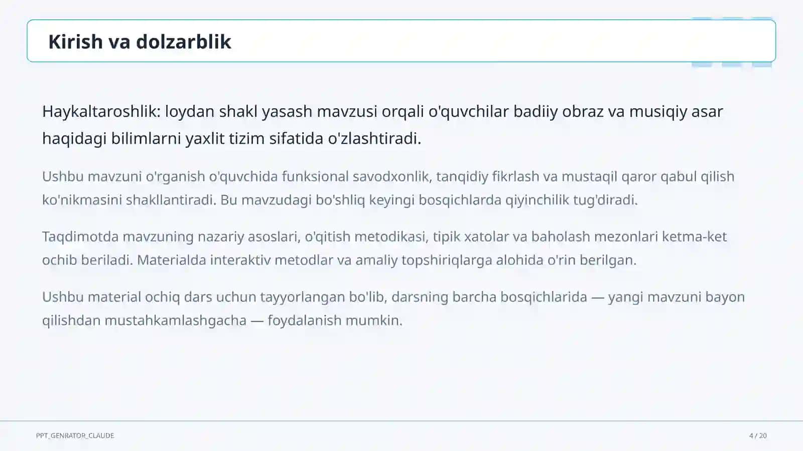 Haykaltaroshlik: loydan shakl yasash (4-sinf) 4