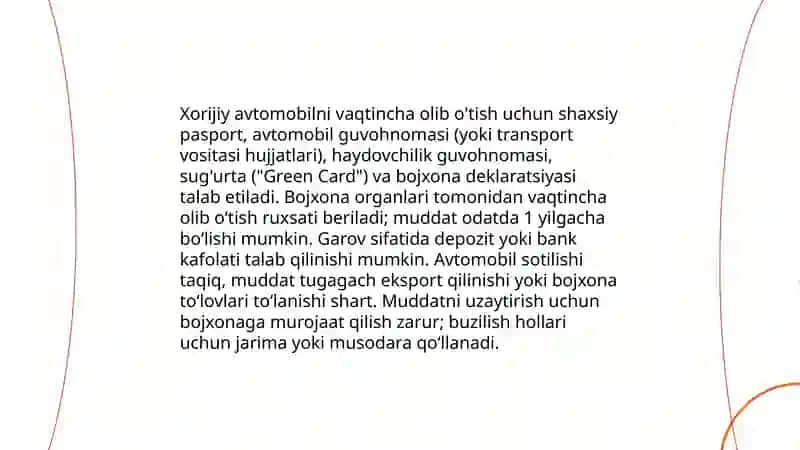 O'zbekiston Respublikasi Bojxona chegarasidan xorijiy avtomobillarni o'tkazish tartibi 4