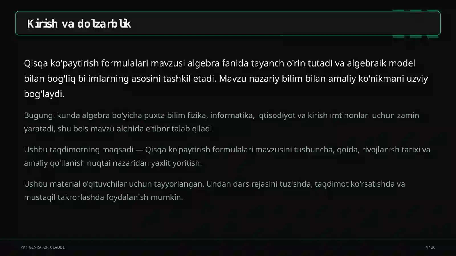 Qisqa ko'paytirish formulalari (7-sinf) 4