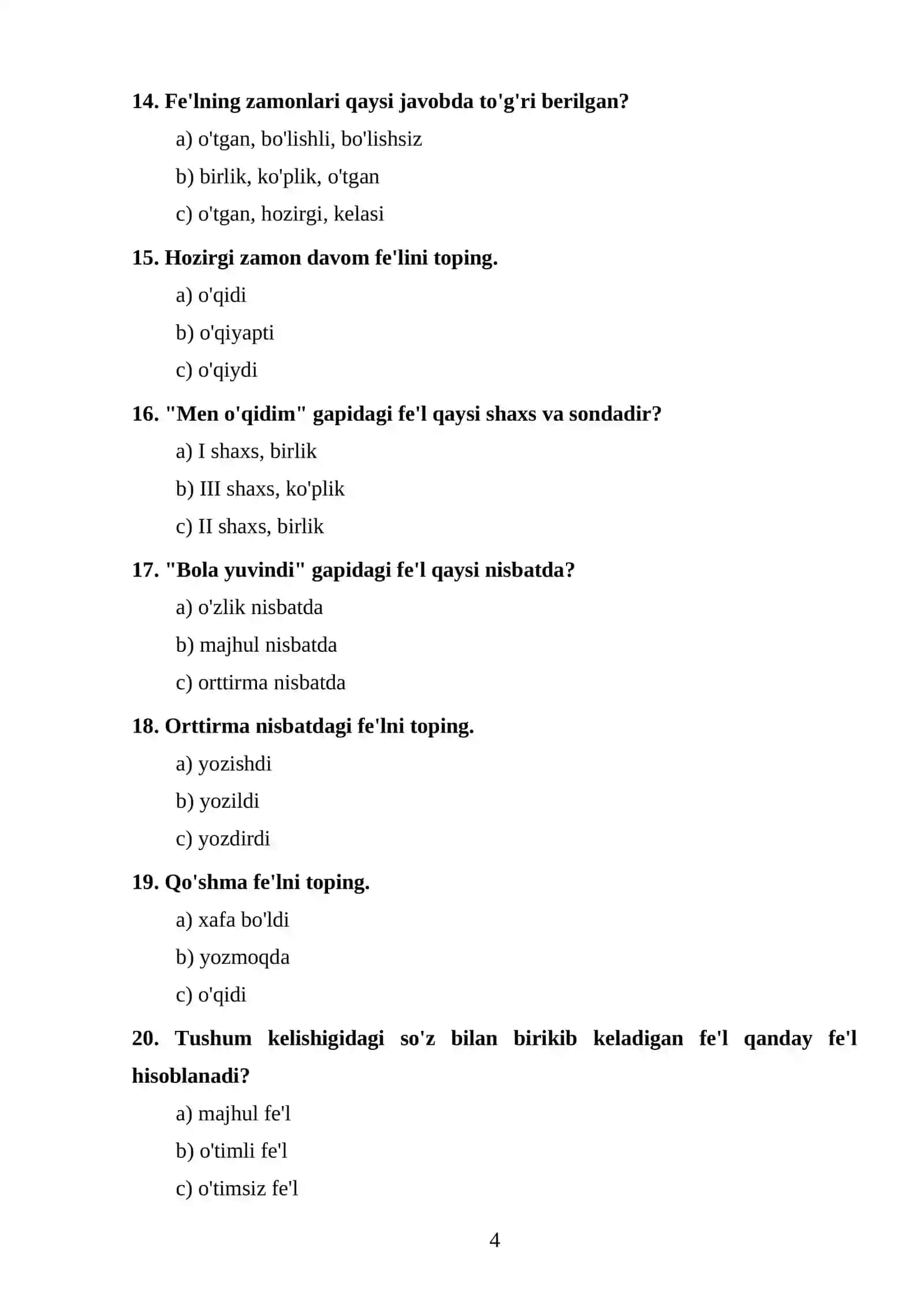 Fe'l va yordamchi so'z turkumlariga oid test savollari 4