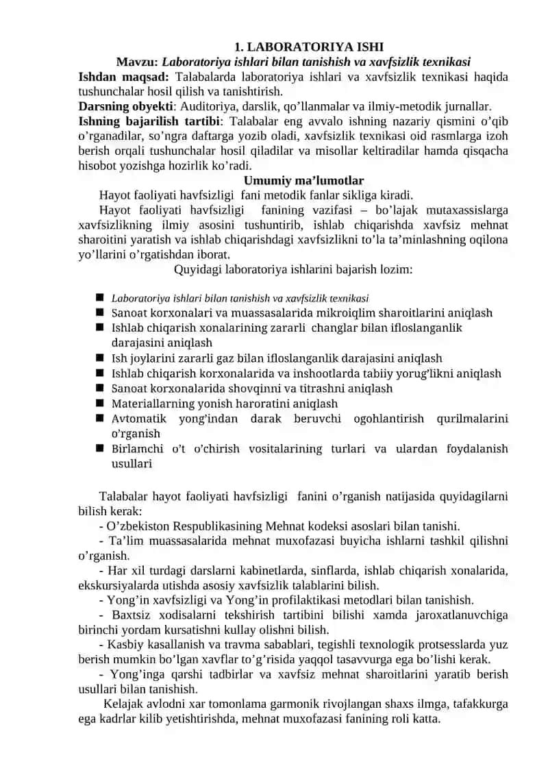 "Hayot faoliyati xavfsizligi" fanidan laboratoriya mashg’ulotlarini bajarishga doir uslubiy ko’rsatma 4