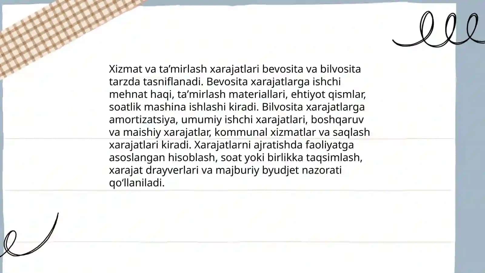 Texnologik xizmat koʻrsatish va ta’mirlash xarajatlari tahlili 4